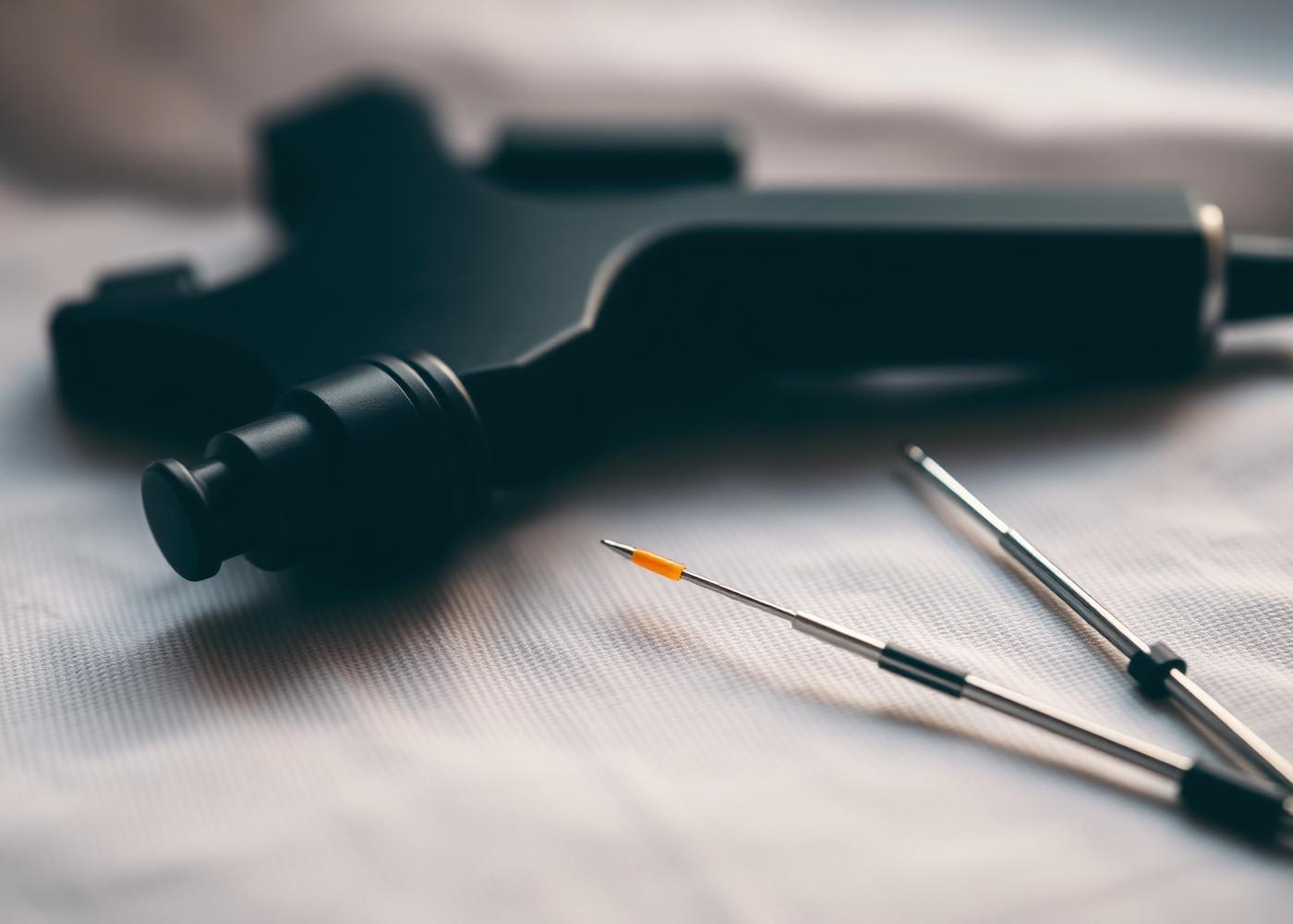 Professional tattoo machine and single-use needles on linen